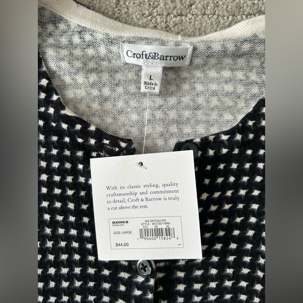 NWT Croft & Barrow Black White Women's Cardigan Sweater Button Down Geometric L - Picture 11 of 15